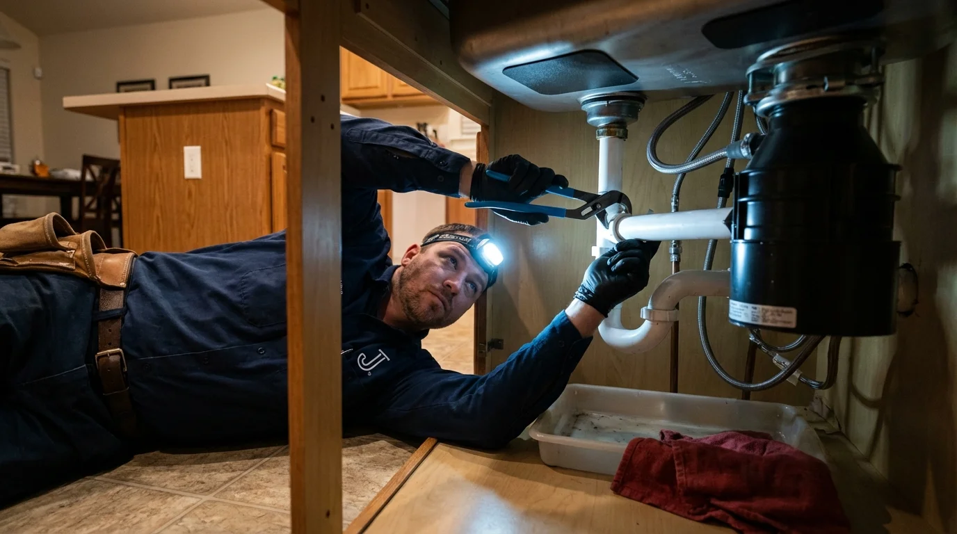 P-trap and supply line connections under a kitchen sink showing a common leak point in Maywood, CA